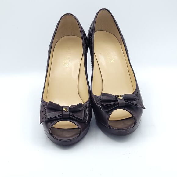 Lauren Ralph Lauren brown peep toe heels leather kitten women's size 8.5 - Picture 7 of 9